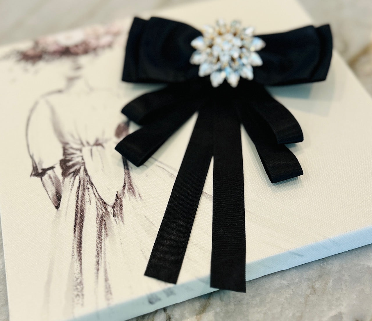 Black Satin Bow With Diamond Rhinestones
