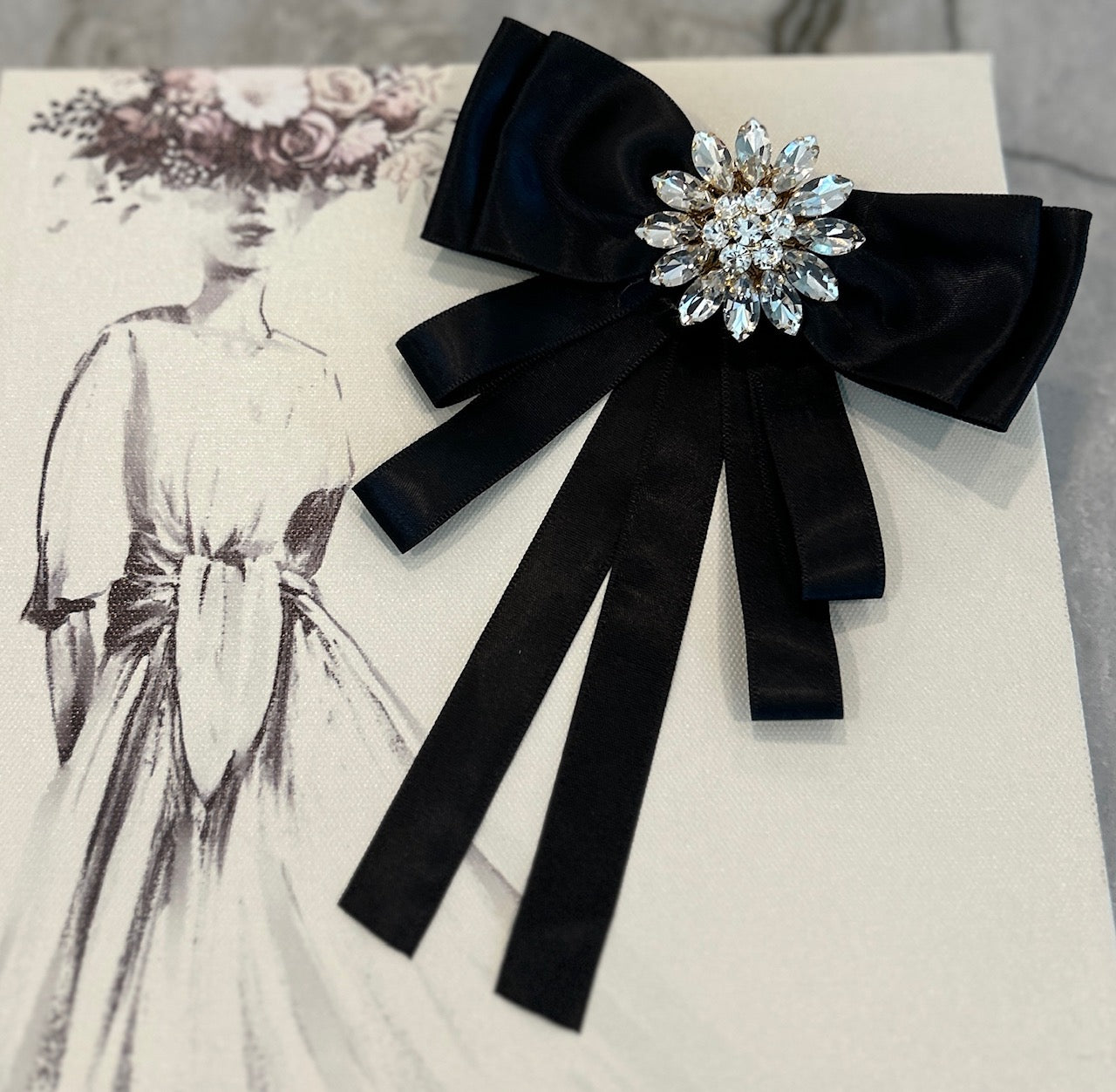 Black Satin Bow With Diamond Rhinestones