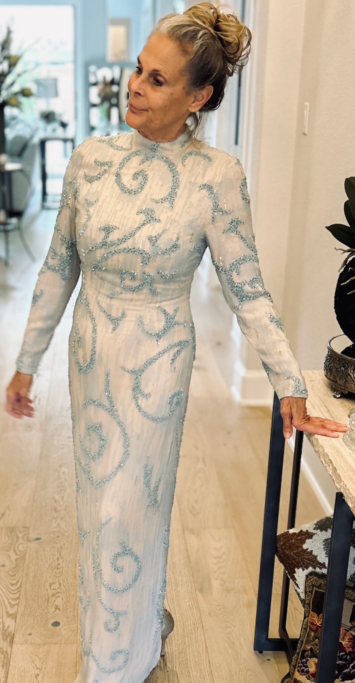 Long Sleeve Beaded Evening Gown