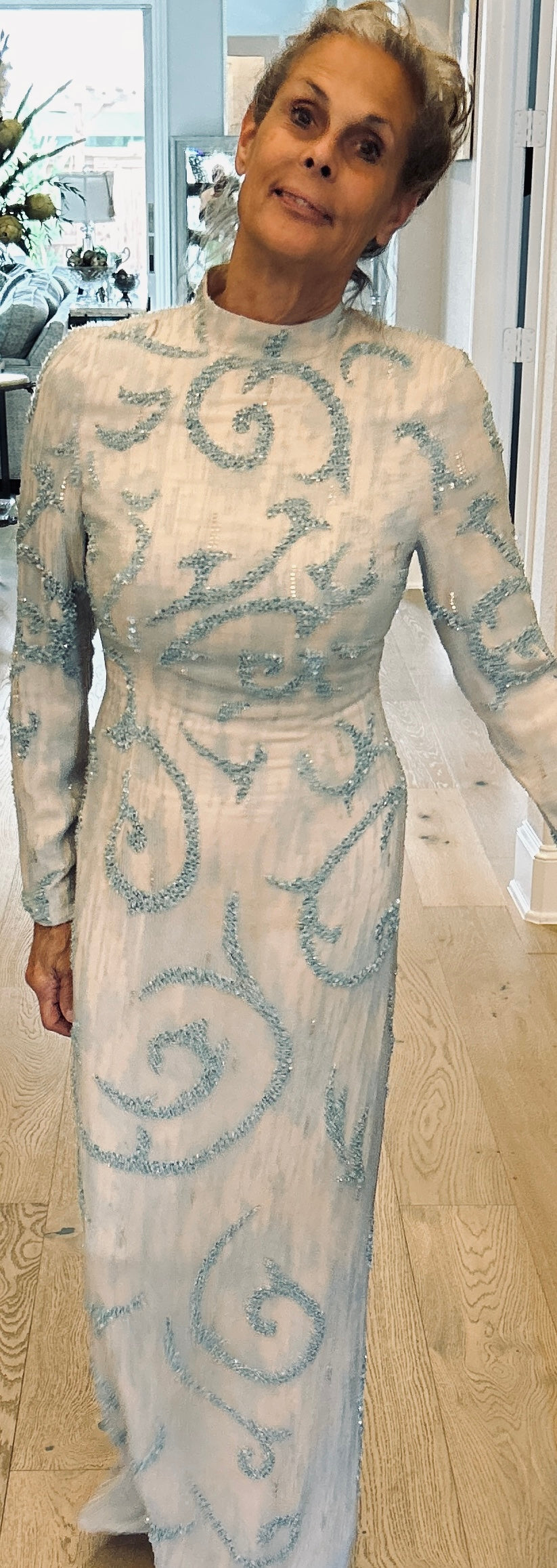 Long Sleeve Beaded Evening Gown
