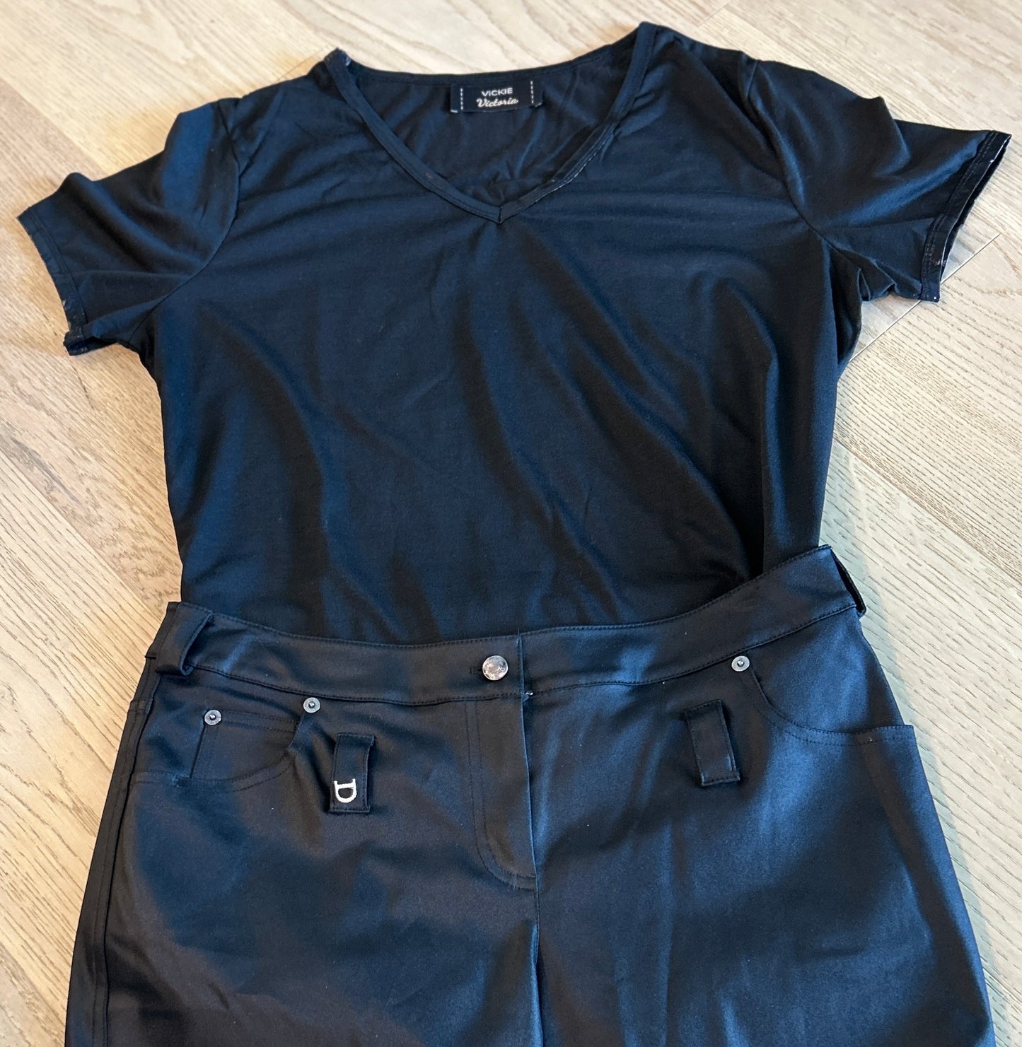 Short Sleeve Black Tee with Leather Trim