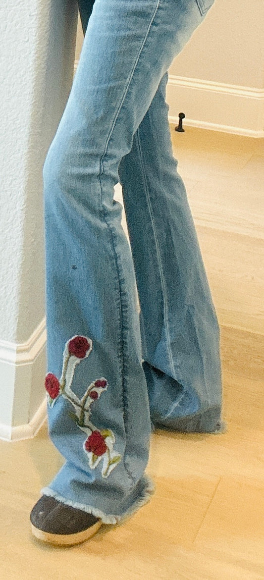 Light Blue Stretch Jean with Red Roses