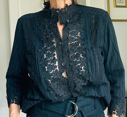 Black Embroidered Peasant Blouse