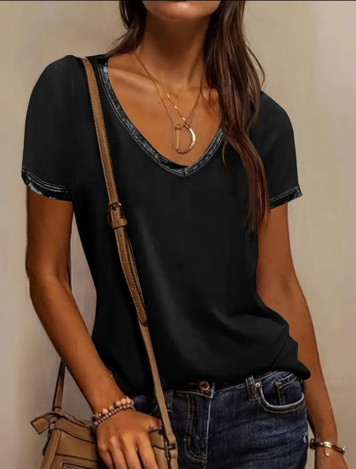 Short Sleeve Black Tee with Leather Trim